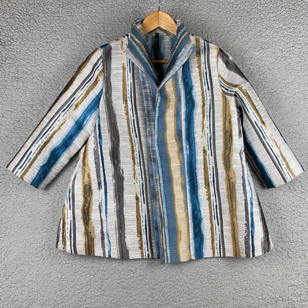 IC by Connie K Womens Blazer S Blue Tan Tapestry Open Front Coat Jacket USA Made